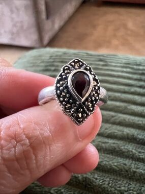 Sterling Silver Garnet Marquise Cocktail Ring - Deep Red Stone Size 8
